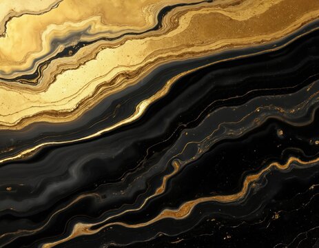 Abstract luxurious marble texture featuring elegant gold, black swirling patterns. Sophisticated fluid design rich, glossy surfaces with natural mineral-like veins, fine glitter. Perfect for premium