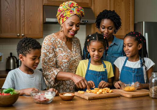Happy Multi-Generational African American Family Cooking Together, Grandmother Guiding Grandchildren in Kitchen, Celebrating Cultural Heritage and Home Cooking