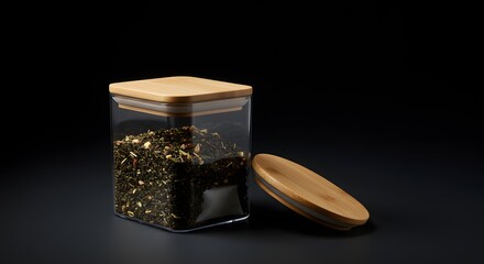 Square Glass Jar with Bamboo Lid Filled with Loose Leaf Tea