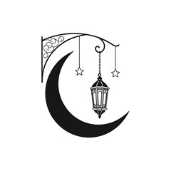 Ramadan Crescent Moon with Lantern | Islamic Festival Vector Silhouette Icon