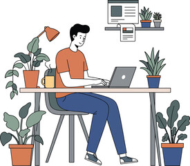Flat Line Illustration Man Working From Home with Laptop Scene
