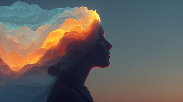 Abstract AI Head Silhouette with Flowing Data