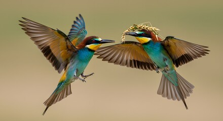Two European Bee-Eaters in Flight with Wheat Ears