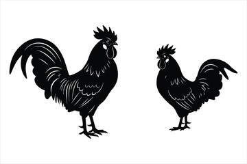 Two black roosters standing side by side in a sketch style