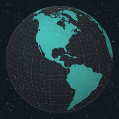 Belize on Globe. Vintage look with grunge scratched texture. Country view on world map in Dark Charcoal Turquoise color palette. Belize shape on map. Globe with meridians and parallels.