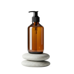 Amber bottle with pump on stones, spa concept isolated on transparent background