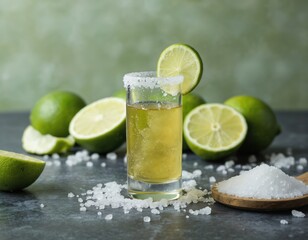 Cinco de Mayo refreshing tequila shot served with lime, salt. Tequila drink in glass garnished by sliced citrus. Traditional mexican alcohol beverage. Party celebration, fun lifestyle concept.