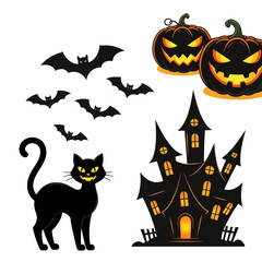 Spooky Halloween collection featuring haunted house, grinning pumpkins, black cat, and flying bats, perfect for festive seasonal designs.