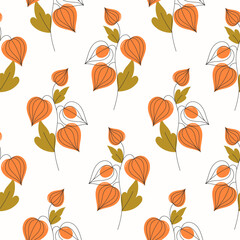 Seamless Autumn Physalis Pattern Flat Style on White Background