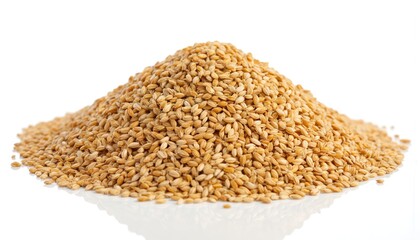 Macro view of pile of raw wheat grains on clean white background. Natural organic cereal seeds ideal for healthy food ingredients, agriculture themes. Closeup texture of brown heap clear, sharp.