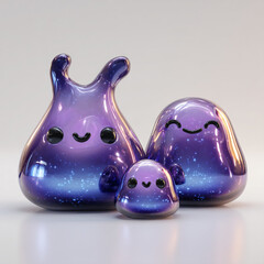 Cute Cartoon Characters Illustration Purple Blobs Glossy Kawaii Toys Fun Playful Art Decoration Cheerful Happy Creatures Glass Shiny Whimsical 