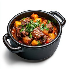 Hearty beef stew simmers in a black cast iron pot, garnished with fresh parsley and featu tender meat and vegetables, served on a white surface.