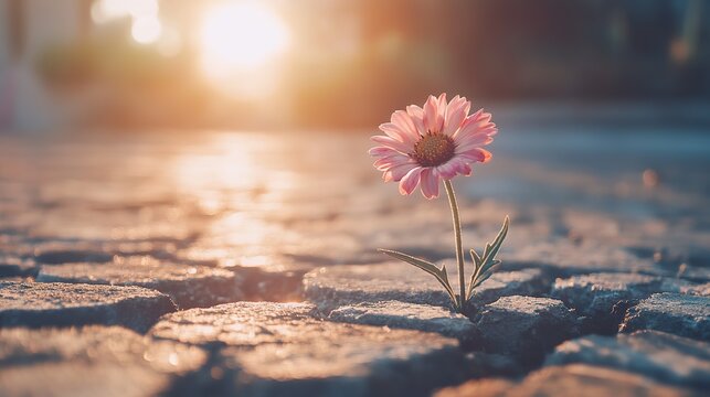 Lone flower blooming through cracked pavement in bright sunny weather with a soft breeze -
