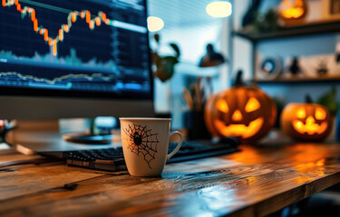 Modern office desk with Halloween decor, pumpkins, and a trading chart on screen. Perfect for seasonal marketing, finance content, social media, or combining business with festive themes.