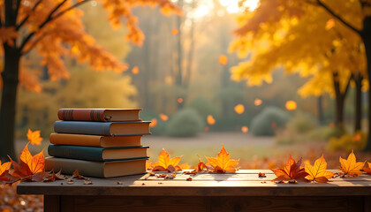 Autumn scene with books and fall foliage on a wooden table.