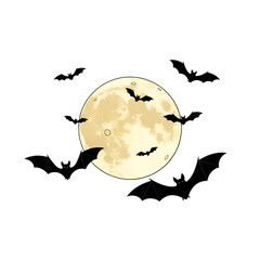 Bats flying around a pale yellow moon.