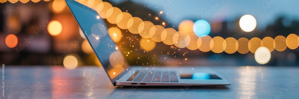 Aufkleber connected world: a modern laptop glows on a surface, its screen illuminated with digital light, sign