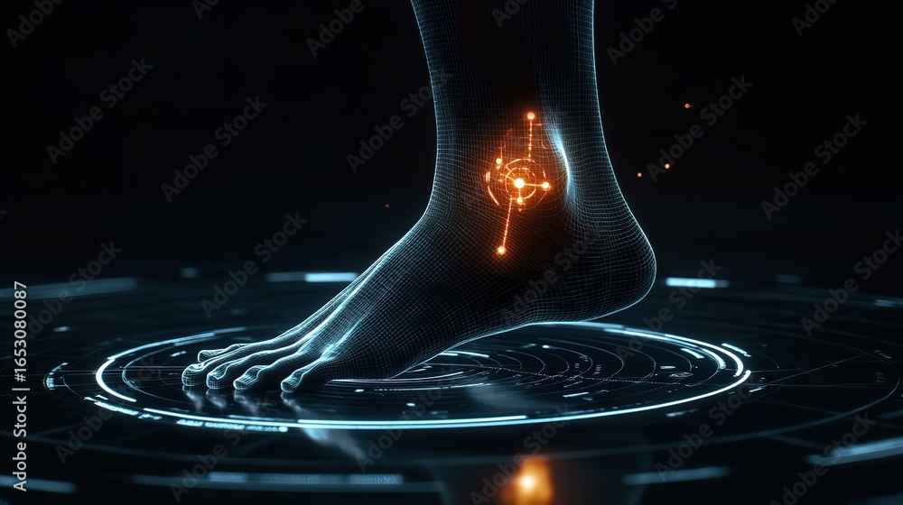 Poster digital representation of a foot with glowing nodes and lines on a futuristic platform surface