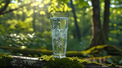 Clear glass rain gauge filled with water in a sunlit forest setting
