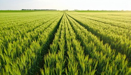 Naklejka premium Scenic agricultural landscape featuring a symmetrical field of vibrant green wheat ears growing in perfect rows towards the horizon.