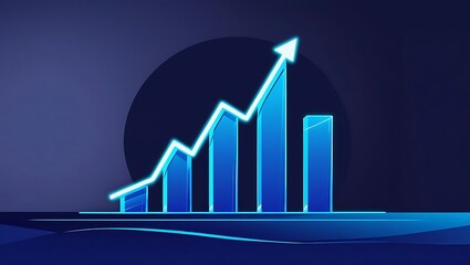 Futuristic glowing data visualization graph with neon light bars and line chart on dark background