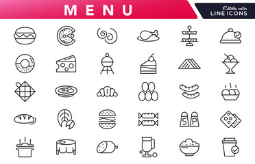 Menu line icon set. Burger, sandwich, pizza, hot, dog, cola, fries, food dinner, sushi, cocktails, vegetarian meal, ice cream, coffee line icon set. Ui thin line icon pack.
