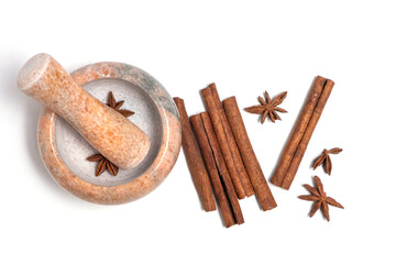 Mortar and pestle with cinnamon sticks isolated on white background.