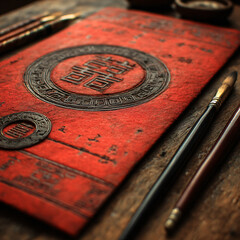 Red Book Stationery Calligraphy Pens Antique Ink Symbols Design Writing Heritage Culture Traditional Vintage Tools Craft Literature Art History Rustic Textures Desk Classical Decorative Memoir