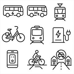 Zero-Emission Transit Icons. Outline style icon of Zero-Emission Transit: electric bus, hydrogen bus, tram with pantograph, e-bike