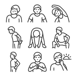 Sunrise Stretch Icons. Outline style icon of Sunrise Stretch Routine: neck roll, shoulder shrug, side bend, standing quad stretch,