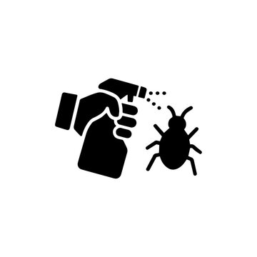 Glove holding a spray bottle aimed at an insect silhouette