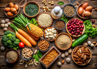 Variety of healthy food ingredients arranged on a rustic wooden table top