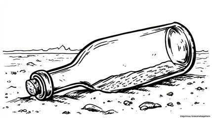 Bottle lies on sand, corked, with contents partially visible, line drawing