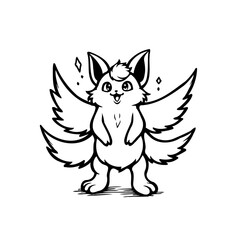 Cute kitsune cartoon with multiple tails standing on two legs illustration black and white drawing