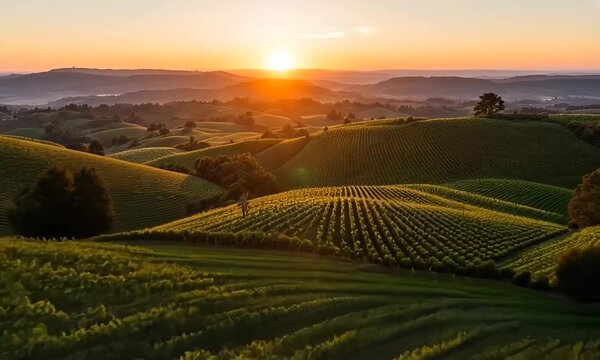 Drone aerial view over vineyard hills at golden hour
