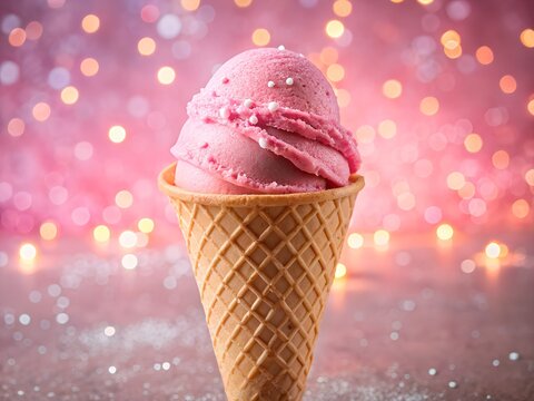 Delicious pink ice cream cone with sprinkles on a bokeh background for summer