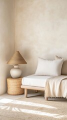 Neutral-toned retreat with leafy patterns and organic elements for restful interior design.