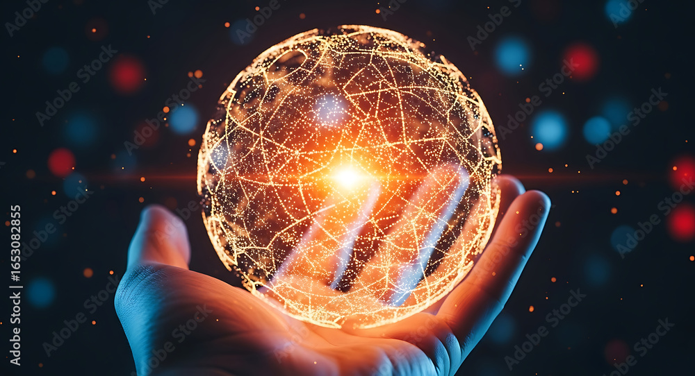 Poster hand holding glowing digital sphere network with light streaks and bokeh technology data