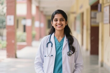 Confident Indian female medical student in lab coat with stethoscope smiling outdoors at university campus, future doctor or nurse studying healthcare, education, medicine, career aspiration portrait