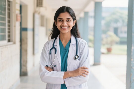 Young ambitious Indian woman medical student standing at college campus in lab coat with book and stethoscope, confident future doctor in healthcare school, academic success and professional growth