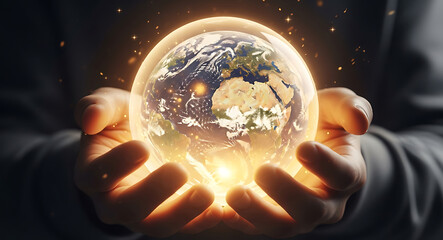 Hands holding a glowing Earth protected by a luminous sphere globe planet
