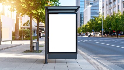 Vertical blank white billboard mockup at a bus stop on a sunny city street, ideal for outdoor advertising.