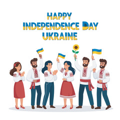 Fototapeta premium Ukrainians celebrate Independence Day, waving flags and sunflowers, expressing national pride.