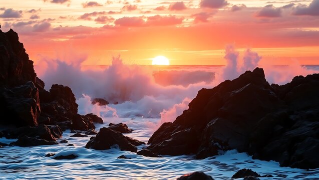 Golden sunset ocean waves crashing on dark rocks image