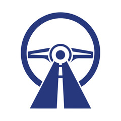 Blue steering wheel with road leading into center on white background vehicle driving © fazlay907