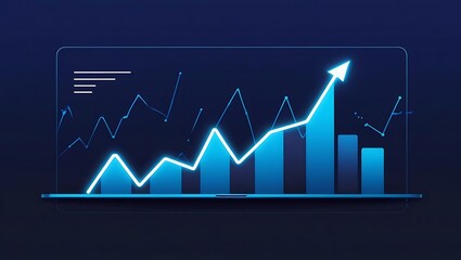Futuristic glowing data visualization graph with neon light bars and line chart on dark background
