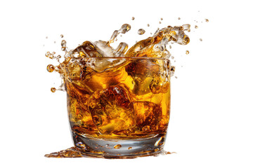 Amber liquid in a glass with ice, splashing