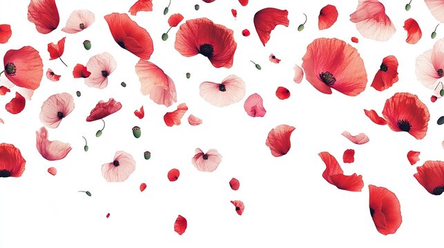 Pattern made of flying poppy flower on white background, isolated on white background