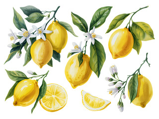 Obraz premium Vibrant Watercolor Lemons and Citrus Blossoms Arrangement