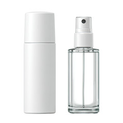 Two blank cosmetic containers; one tall, cylindrical, matte white; the other short, rectangular, clear glass with a spray top